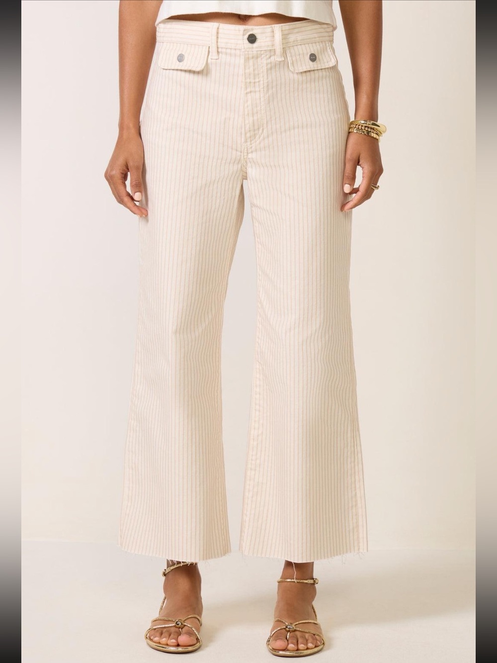 PAIGE anessa tonal cream and tan stripe wide leg slight crop jeans raw hem 30 - Picture 2 of 10